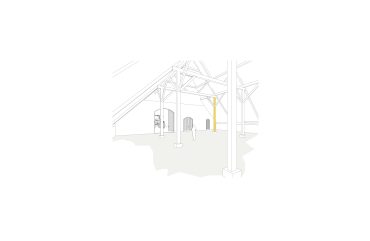 Constructie opvangen met hout, bestaande gebinten herstellen, interieur achtergevel